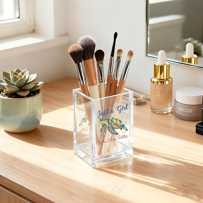 Just A Girl Who Loves Turtles Acrylic Pencil Holder Cup for Women | Inspirational Gifts for Friends Coworker, Sea Turtle Pen Holder for Girls Turtle Lover, Pencil Cup for Desk, Makeup Organizer
