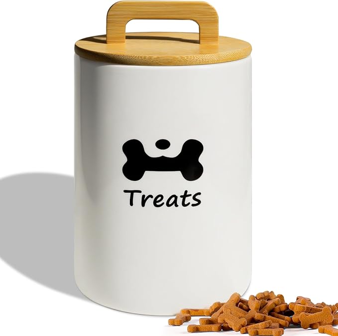 Dog Treat Container Airtight - 5 Inch Wide x 8.7 Inch White Ceramic Dog Treat Jar for Kitchen Counter, Doggie Cookie Jar with Airtight Bamboo Lid - Farmhouse Style Dog Food Storage Container
