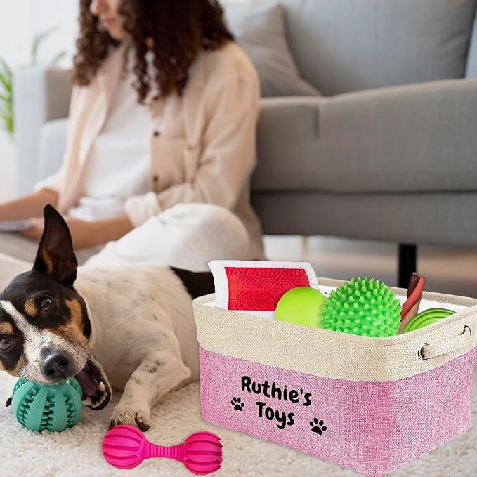 Custom Dog Basket for Toys Collapsible Storage Bin Grey Brow Pink Purple Blue Rectangular Pet Storage Organizer Box with Handles Medium Personalized Pet's Name