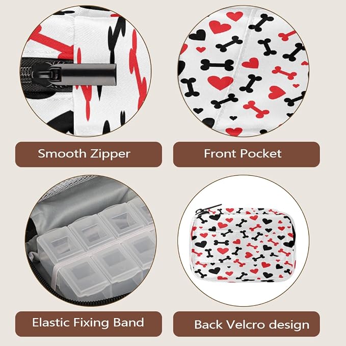Weekly Pill Organizer Travel Size Bag with Removable 7 Day Pill Box Portable Vitamin Case Purse with Zipper,Hearts Bones White