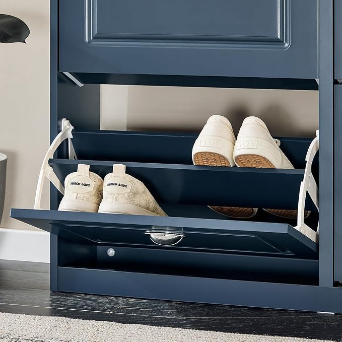 Haotian Shoe Cabinet with 4 Flip Drawers | Large Freestanding Shoe Rack, Modern Shoe Organizer for Entryway, Hallway, Entrance Navy FSR79-B