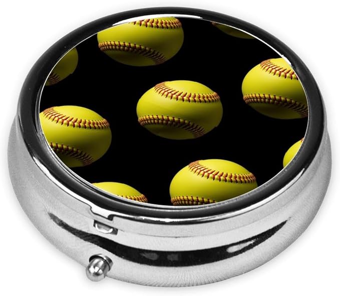 Compact Pill Container, Round Mini Box with Mirror, Travel Organizer for Supplements, Pocket Purse Holder for Daily Routine, Softball Black
