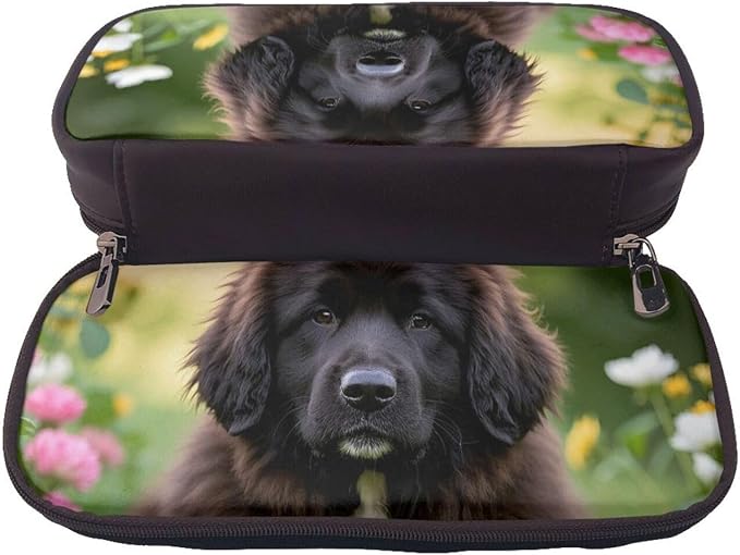 Leather Pen Case with Zipper - Aesthetic Pen Holder Cute Pet Newfoundland Dog Pencil Case for Women & Men - Handcrafted Pencil Bag Multi-Functional Travel Cosmetic Case for Work Office Tool Pouch