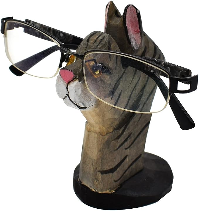 Handmade Wood Carving Eyeglasses Spectacle Holder Stand Sunglasses Display Rack Home Office Desk Décor Gift (Cat)