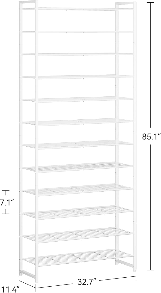 Nunsino Shoe Rack for Closet, Metal Shoe Organizer,12 Tier Garage Shoe Rack Max Holds 60 Pairs,Shoe Storage Shelf,Entryway, White
