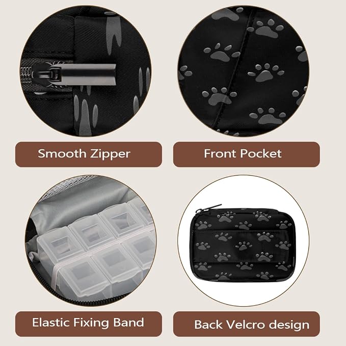 Weekly Pill Organizer Travel Size Bag with Removable 7 Day Pill Box Portable Vitamin Case Purse with Zipper,Gray Paw Prints On Black