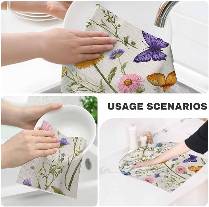 Vintage Floral Waffle Kitchen Dish Cloths Herbs Wild Flowers Botanical Colorful Ultra Soft Absorbent Quick Drying Dish Towels 16 X 24 Inches Set of 2