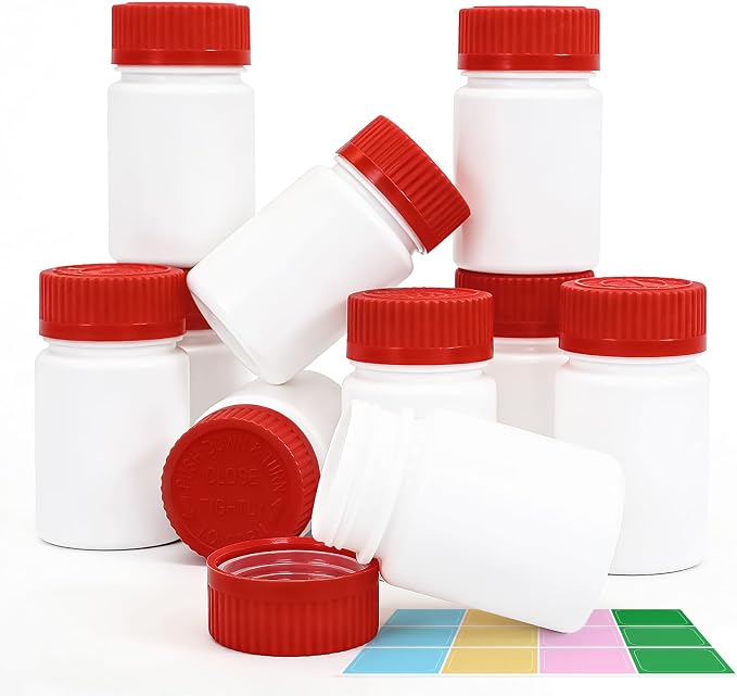10 Pack 2oz Travel Pill Bottles - White Food Grade Plastic with Screw Caps & Labels, Small Pill Organizer for Pills, Vitamins, Capsules