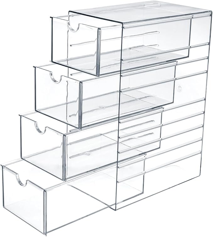 Hipiwe Plastic Drawer Organizer Clear Storage Box with 4 Pull Out Drawer | Drawers Box for Bathroom, Dresser, Cosmetic Hair Tie Container for Women