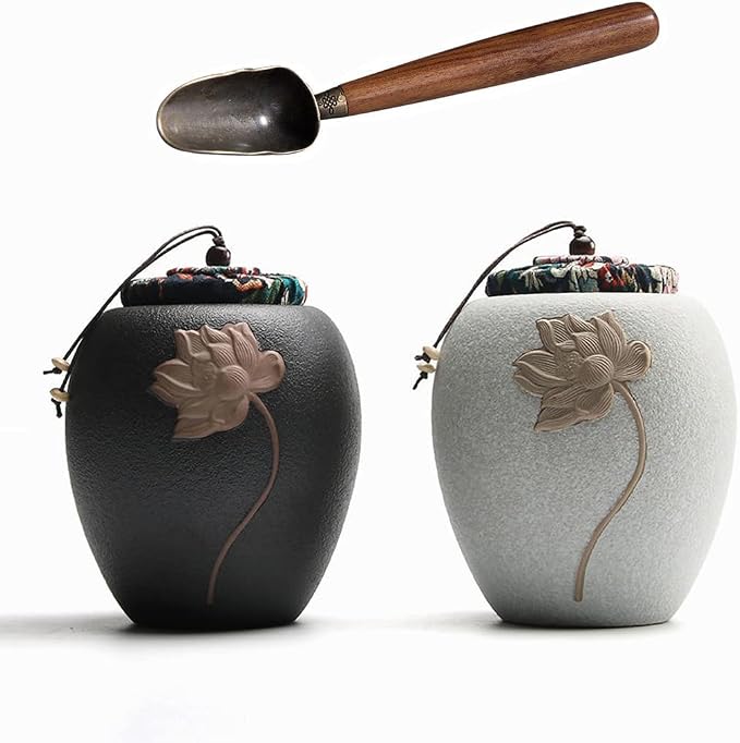 Ceramic Tea Canister,Tea Caddy with Airtight Lid,Tea Storage Jars with Wooden Scoop,Portable Food Storage Containers Sealed Tea Tins Can for Loose Tea/Nuts/Sugar/Seed/Coffee,Set of 2