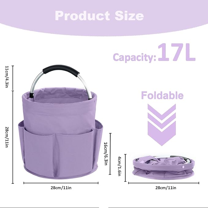 17L Cleaning Caddy with Handle, Cleaning Supplies Organizer, Foldable Storage Basket, Cleaning Supply Caddy, Portable Multi Cleaning Bucket Bag for Home, Garden (Purple)