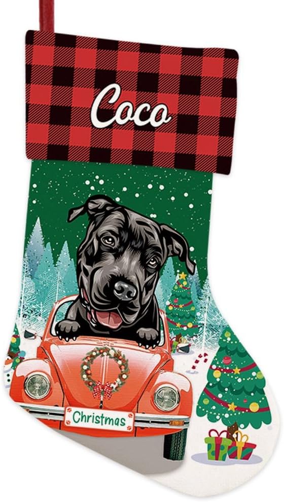 Personalized 1 Pack Christmas Stocking Happy Pit Bull Dog Stocking Christmas Tree Winter Fireplace Holiday Decoration 14"