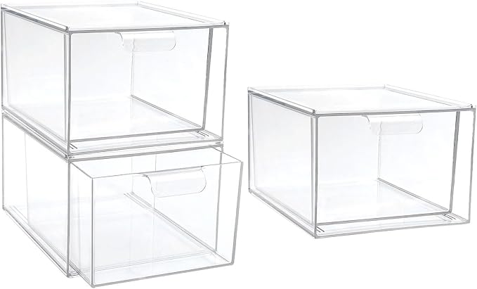 VOSAREA Plastic Stackable Storage Drawers Pet Material with Handles 4pcs with Removable Dividers and Smooth Edges for Makeup Vanity under Sink Organizer for Bathroom and Closet