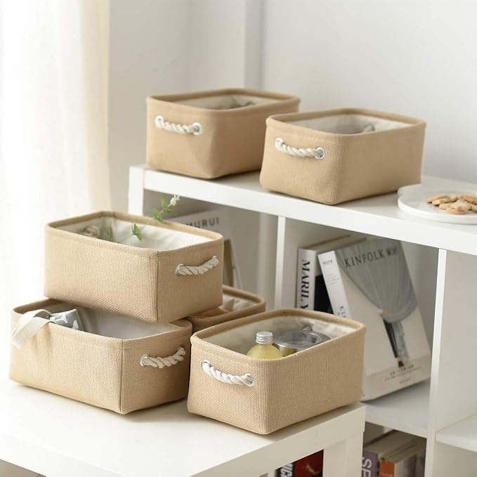 Storage Basket for Organizing - Small 6 Pack 11.8x7.8x5.2 inch Fabric Storage Cubes with Cotton Rope Handle, Collapsible Storage Bins Baby Storage Toy Nursery (Beige)