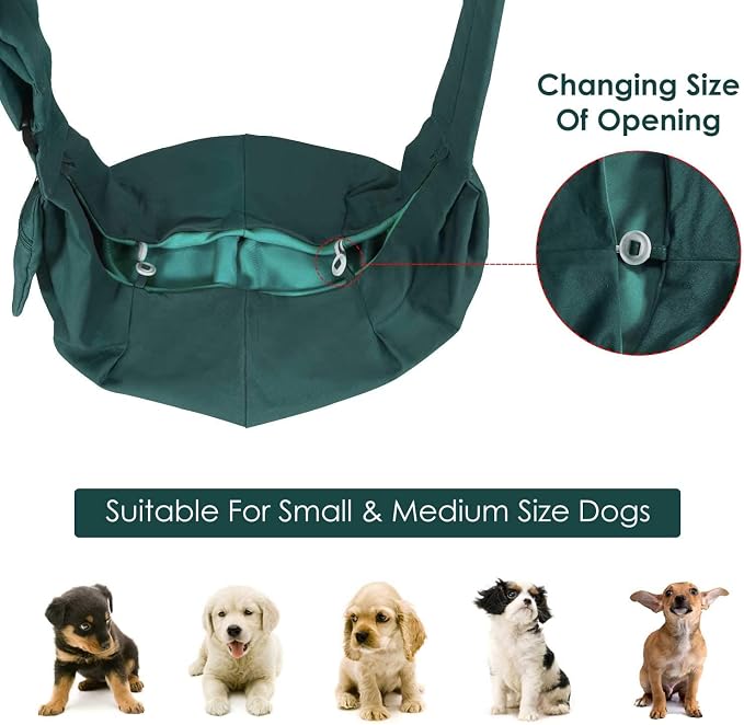 Lukovee Pet Sling, Puppy Small Pet Cat Carrier with Safety Hook | Hands-Free,Padded Strap, Breathable, Adjustable, Storage Pocket, Tote Bag Shoulder Bag with Front Pocket (Green,L)