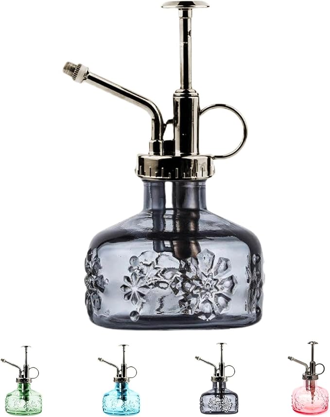 XXXFLOWER Glass Plant Mister Spray Bottle Grey 180ml/6 oz | Mini Watering Can Indoor Plants Indoor Plant Mister Succulent Watering Bottle Tall Vintage Style with Bronze Plastic Top Pum