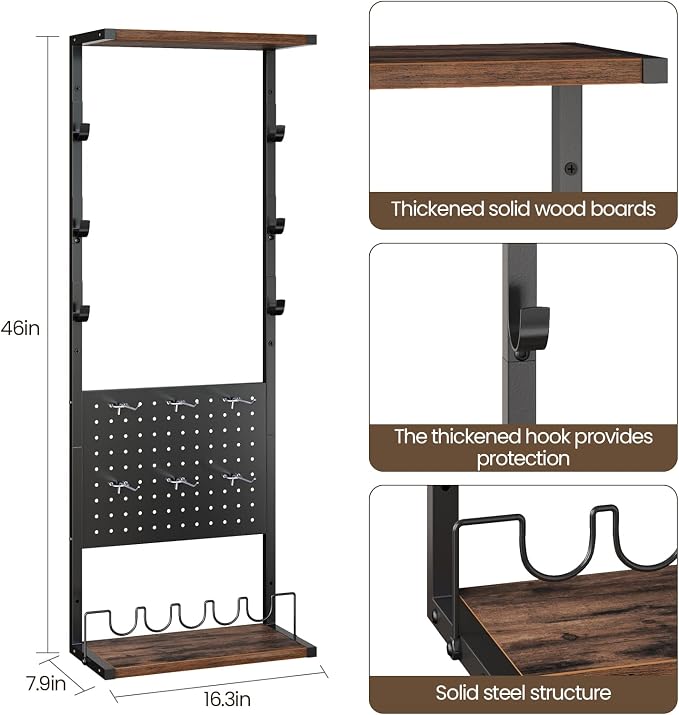 Indoor Gun Rack for Wall, Premium Wood & Metal Rifle Rack & Pistol Holder | Gun Wall Mount Display with Pegboard & Shelf, Versatile Storage for Shotgun Sword Bow for Home Gun Room, Garage and Man Cave