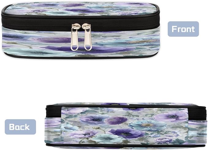Watercolor Purple Blue Flowers Pencil Case Pouch, Big Capacity Waterproof Pen Bag for Students Teens Adults, Large Storage Organizer for Stationery