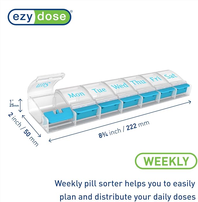 Ezy Dose Weekly (7-Day) Pill Organizer, X-Large Medicine Case, Blue/Clear | Daily Vitamin & Supplement Planner, Spacious Push-Button Compartments, Convenient & Easy to Use, Travel-Friendly, BPA-Free