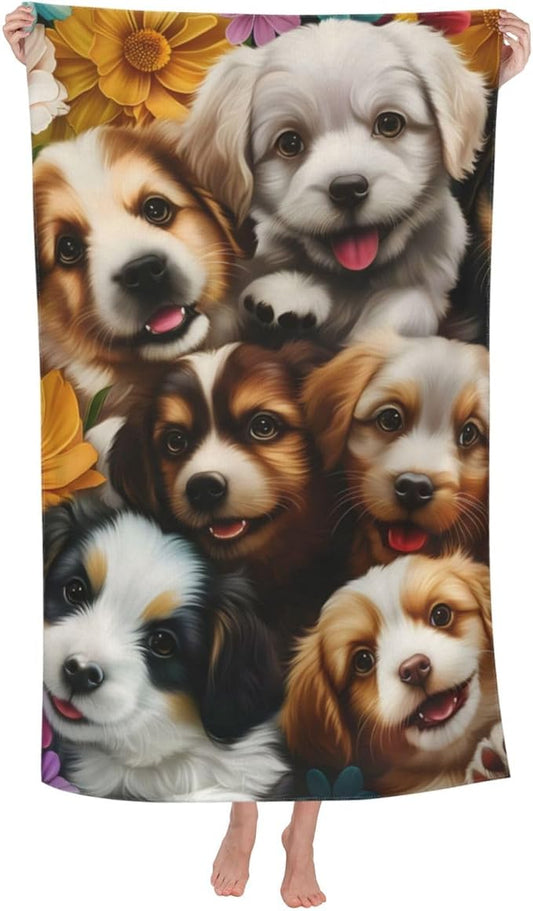 Puppies Beach Towel 31inx51in, Cute Dog Sand-Free Microfiber Bath Towel Ultra Soft Quick Dry Pool Towel Absorbent Towel Lightweight Towel for Swimming Bathroom Decor