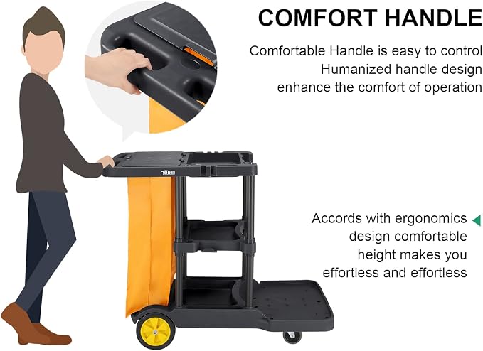 TUFFIOM Extra Large Commercial Traditional Cleaning Janitorial 3-Shelf Cart, 500 Lbs Capacity Housekeeping Cart, 42.5" L x 18.7" W x 37.6" H, Wheeled with 22 Gallon Yellow VinylBag Cover w Lid, Black