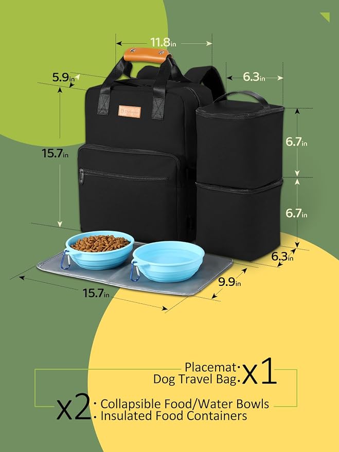 DELOMO Dog Travel Bag, 25L Airline Approved Dog Travel Backpack Set, Black | 2 Food Containers + 2 Collapsible Bowls + 1 Waterproof Mat, for Weekend to Week-Long Pet Travel, Camping, Road Trips