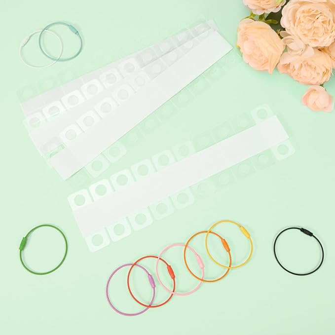 Holder for Cards Rings and Tabs, 100 PCS Clear Self Adhesive Hanging Tabs with 10 Metal Rings, Plastic Sticky Hang Tags for Retail Display, Card Accessories Organizer for Storage and Display