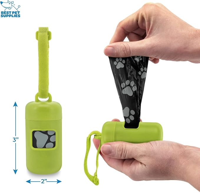 Best Pet Supplies Dog Poop Bag Holder Leash Attachment with Reusable Dispenser for Travel, Walking, Park, and Outdoor Use, Durable with Clip-On - Lime Green, Pack of 2, Plastic Dispenser w/30 Bags