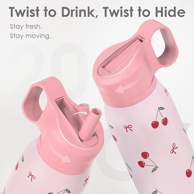 Cherry Water Bottle with Twist Lid Insulated Stainless Steel 20oz, Travel Water Bottles for Sports & Gym, Gift for Women Girfriend Birthday Christmas