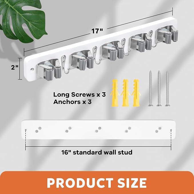 IMILLET Broom Holder Wall Mount, Rustic Broom Hanger for Laundry Room | Wood Broom and Mop Organization and Storage, Mop Holder for Home Decor, Garden, Garage, Closet, 5 Racks and 4 Hooks, White