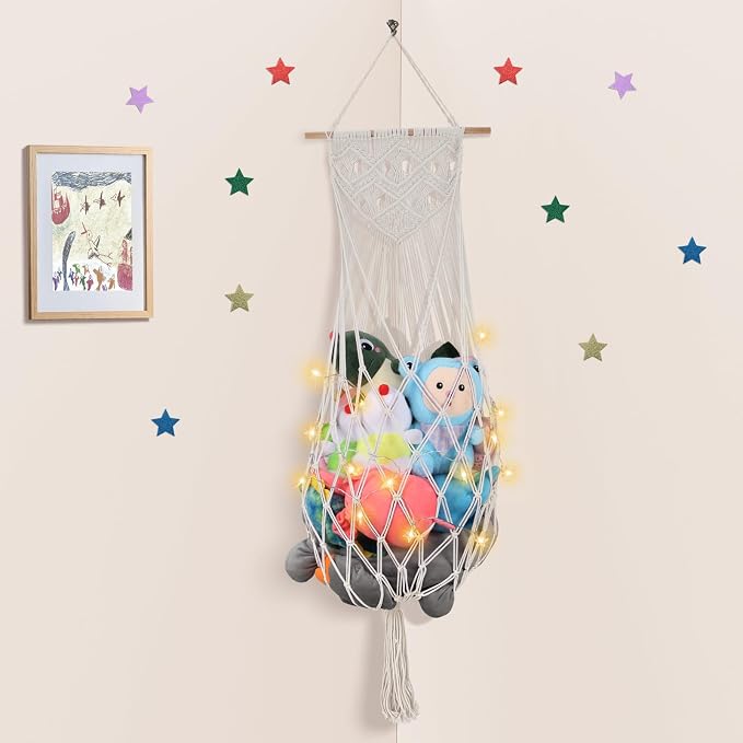 63 Inch Stuffed Animal Storage Hammock Corner, Stuffy Plushie Net,Cream | Wall Ceiling Over Door Hanging Toy Hammock for Stuffed Animals,Plushies Organizer w/ Star Lights,Nursery Kid Room Decor Gift