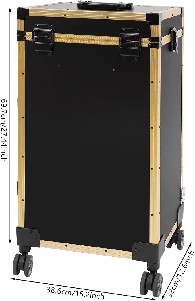 Professional Cosmetic Trolley Storage Organizer, Foldable Nail Tables Travel Cosmetic Trolley Storage Organizer w/ 4 Drawers Mirror & Speaker for Hair Stylists Pet Groomers Makeup Artists (Black Gold)