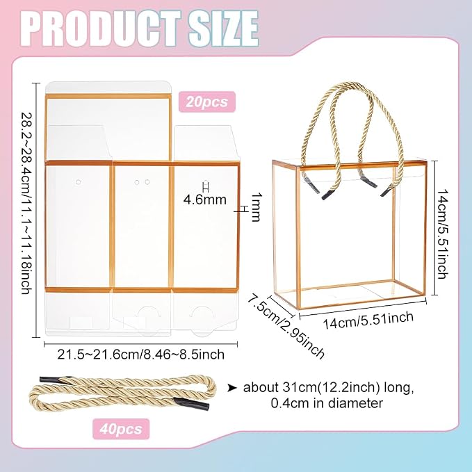 BENECREAT 20-Pack Transparent Favor Boxes, 5.5x5.5x3inch PET Plastic Gift Boxes with Gold Border, Durable Rectangle Party Box for Weddings Birthdays Parties