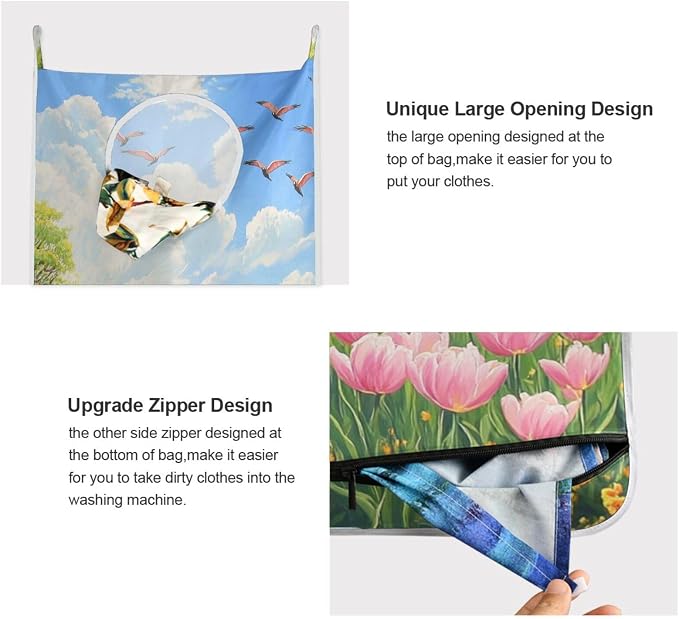 1PC Hanging Laundry Hamper Bag Over the Door Laundry Hamper Wall Hamper Large Dirty Clothes Hamper with Stainless Steel Hooks 29.5x20Inch Colorful Spring Tulips and Herringbone Birds
