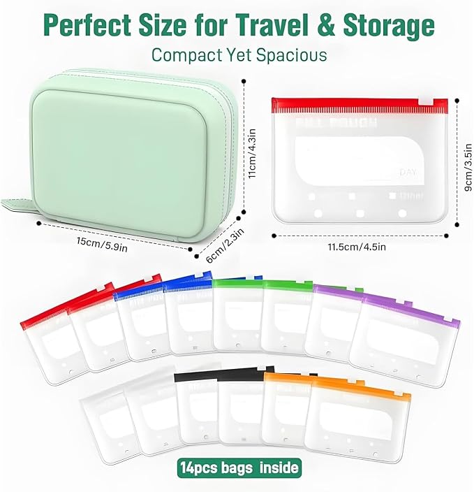 14 Color-Coded Waterproof Pill Pouch Set, Book-Shaped Travel Pill Organizer, Reusable Medication Storage Case for Vitamins, Prescription Pills, College Dorm Daily Use and Pet Supplements，Pink