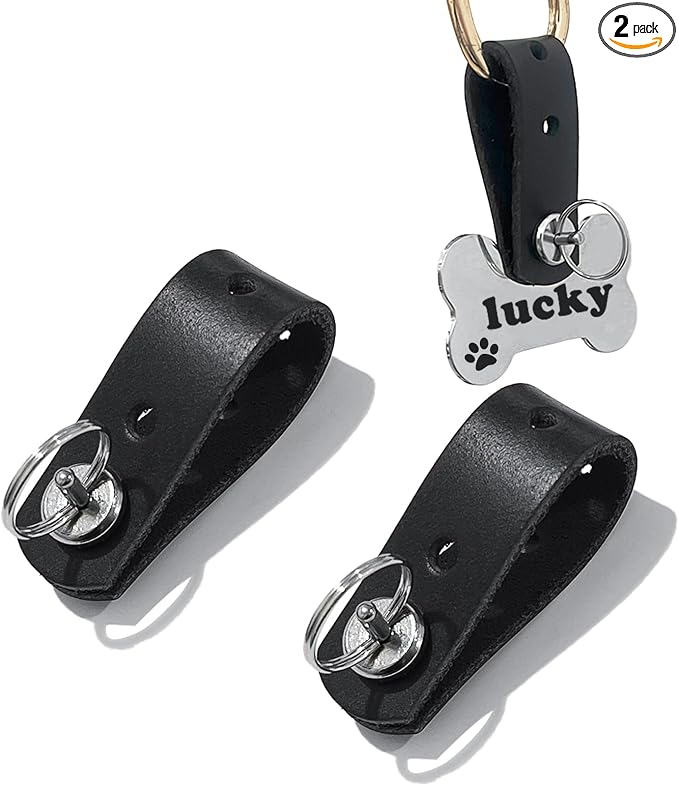 Pet ID Tag Silencer - 2 Pack Dog & Cat Collar Leather Connector | Holder Up To 4 Dog Tags(2 Black)