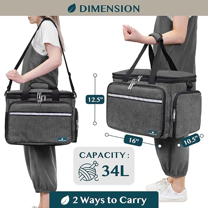 Pavilia Knitting Bag - Large Yarn Storage Tote, Crochet Organizer, Knitting Project Bag, Charcoal Grey