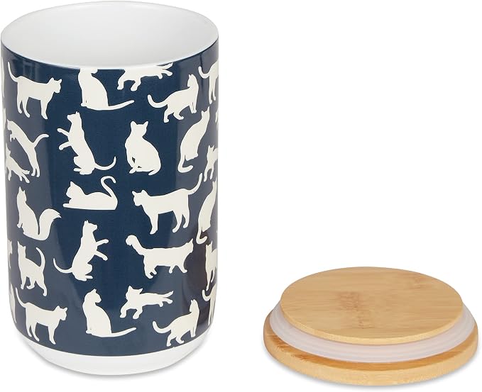 Bone Dry Ceramic Treat Jar for Cats and Dogs, Bamboo Lid, Dishwasher Safe Canister, 4x6.5", Navy, Cat Treats