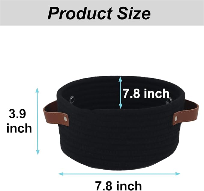 Small Woven Cotton Rope Basket with Leather Handle, Black | Mini Round Storage Basket, Empty Gift Basket, Nursery Toy Organizer, Decorative Shelf Bin, Boho Room Decor