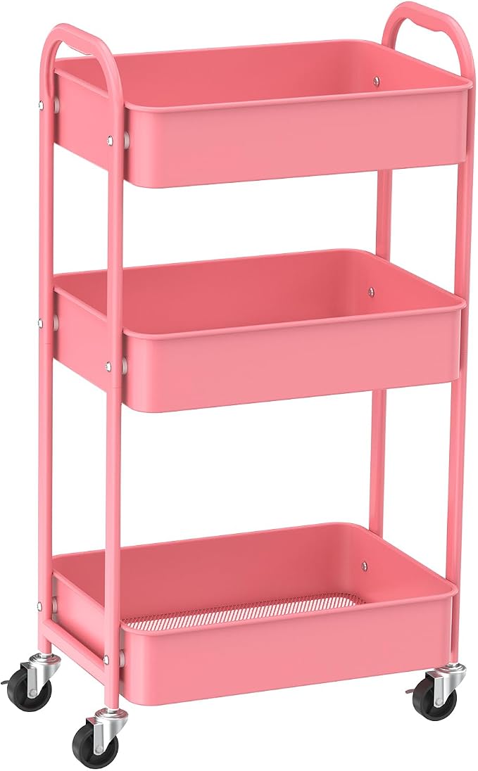 MAX Houser 3-Tier Rolling Utility Cart with Caster Wheels,Easy Assembly, for Kitchen, Bathroom (Pink) | Easy Assembly, multi-purpose storage trolley for kitchen, rolling cart with smooth caster wheels for bathroom