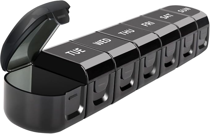 Daily Pill Organizer, 7 Days Detachable Medicine Box Container | Black, Travel Size Vitamin Planner Reminder, Portable Meds Storage 7-Day Holder for Medication, Fish Oils, Supplements