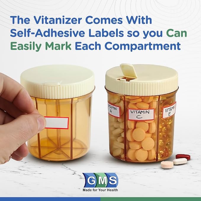 Vitanizer Round Pill Organizer, 6 Compartment Vitamin Dispenser | Amber 6 Section Round Pill Container Dispenser Case for Supplements, Ideal Travel Bottle & Jar Holder with Easy Turn Lid