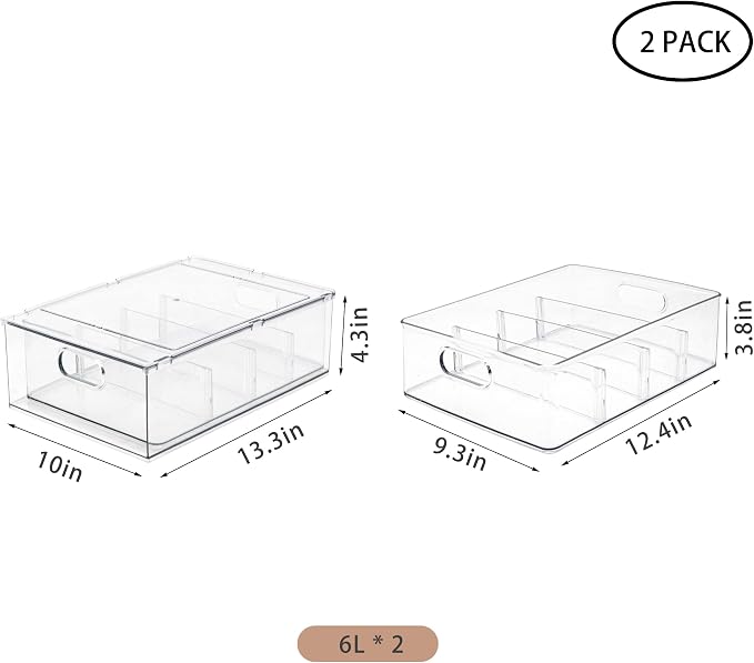 2Pack Stackable Fridge Drawers Pull-Out Bins Divided Produce Saver Containers for Refrigerator Storage Organizers for Veggie Fruit Berry Pantry Cabinet Makeup Clothes
