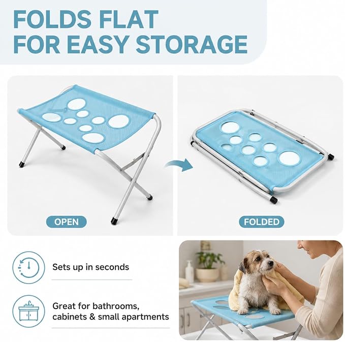 Pet Grooming Hammock for Dogs with Stand, Foldable Metal Frame and Breathable 8-Hole Mesh Restraint, Portable Bathing, Nail Trimming and Ear Cleaning Station for Small Dogs and Cats，Pink
