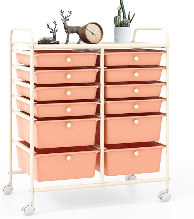 12 Drawer Rolling Storage Cart, Art Cart Organizer on Wheels, Mobile Utility Cart with Drawers, Multipurpose Craft Drawers for Home Office School Classroom (Peach)
