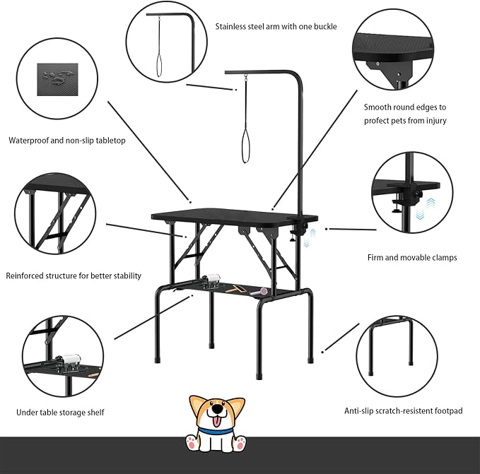 32 Inch Foldable Dog Grooming Table with Adjustable Arm, Nooses & Storage Basket - Non-Slip Pet Grooming Station for Dogs & Cats - Supports Up to 300 lbs (32 inches)