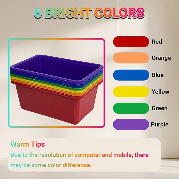 6 Pack Small Cubby Bins, Plastic Storage Containers for Classroom, Rainbow | Multi-Purpose Stackable Bin Organizer Storage Cubbies for Home, Playroom and Library, Shelf Bins, Book Bins