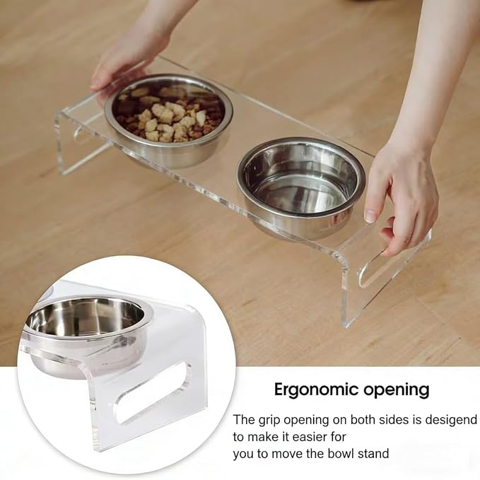 Tilted Raised Elevated Food and Water Bowls Stand for Cat or Small Dogs - Puppy's Clear Acrylic Stainless Steel Dishes Holder for Boy or Girl Pet,Modern,Durable and Easy to Clean by WBhonghui (Clear)