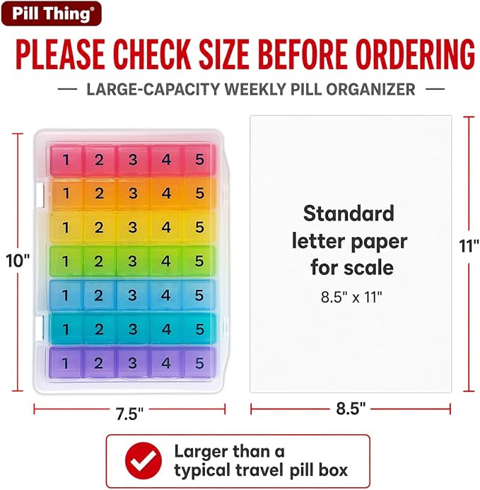 5 Times a Day Weekly Pill Box Organizer Case, Secure 7 Day Pillbox with Medication Schedule (5 Time-a-Day)
