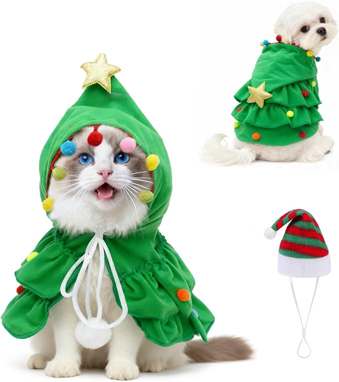 BEAUTYZOO 2 Pack Dog Christmas Costume with Santa Hat for Small Dogs Cats, Dog Christmas Outfit, Cute Pet Xmas Tree Costume Clothes, Puppy Xmas Hoodie Cloak, Cat Holiday Cosplay Dress, Green